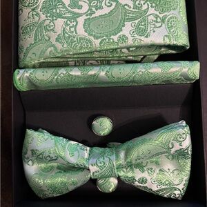 Elegant Paisley Tie Set in Green and White